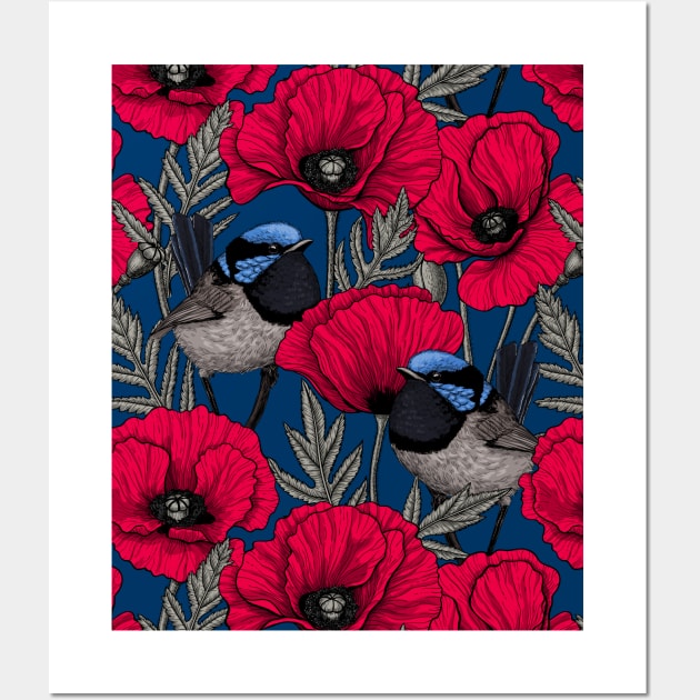 Fairy wrens and red poppies Wall Art by katerinamk